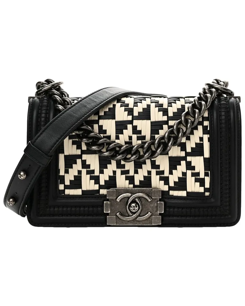 Chanel Black Calfskin Leather Woven Small Boy Flap (Authentic Pre-Loved Nocolor