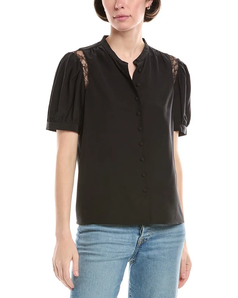 Frame Denim Lace Shoulder Inset Silk Blouse Black