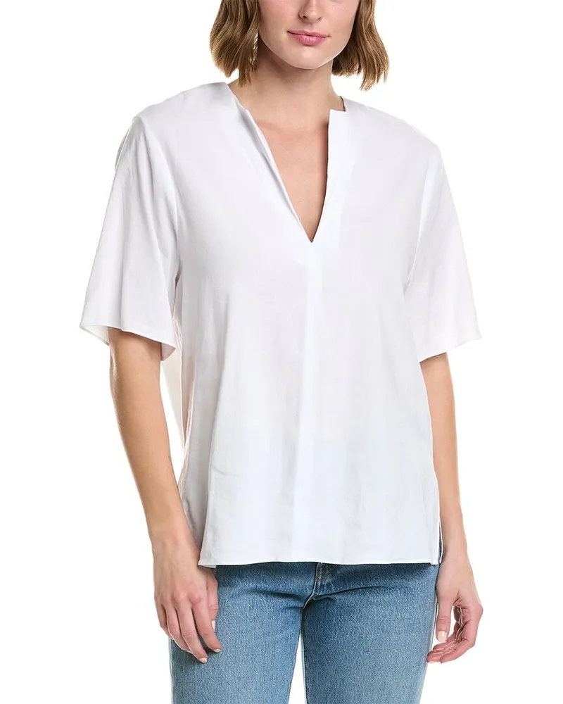 Vince Easy Slit Neck Linen-Blend Top White