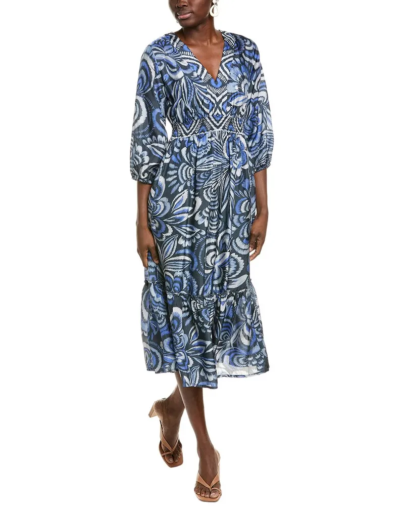 Johnny Was Shivali Silk Midi Dress Blue