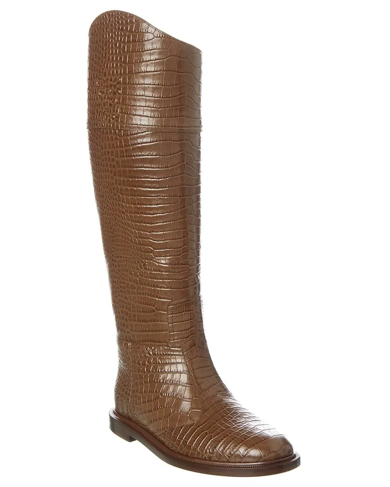 Fendi Karligraphy Croc-Embossed Leather Boot Brown