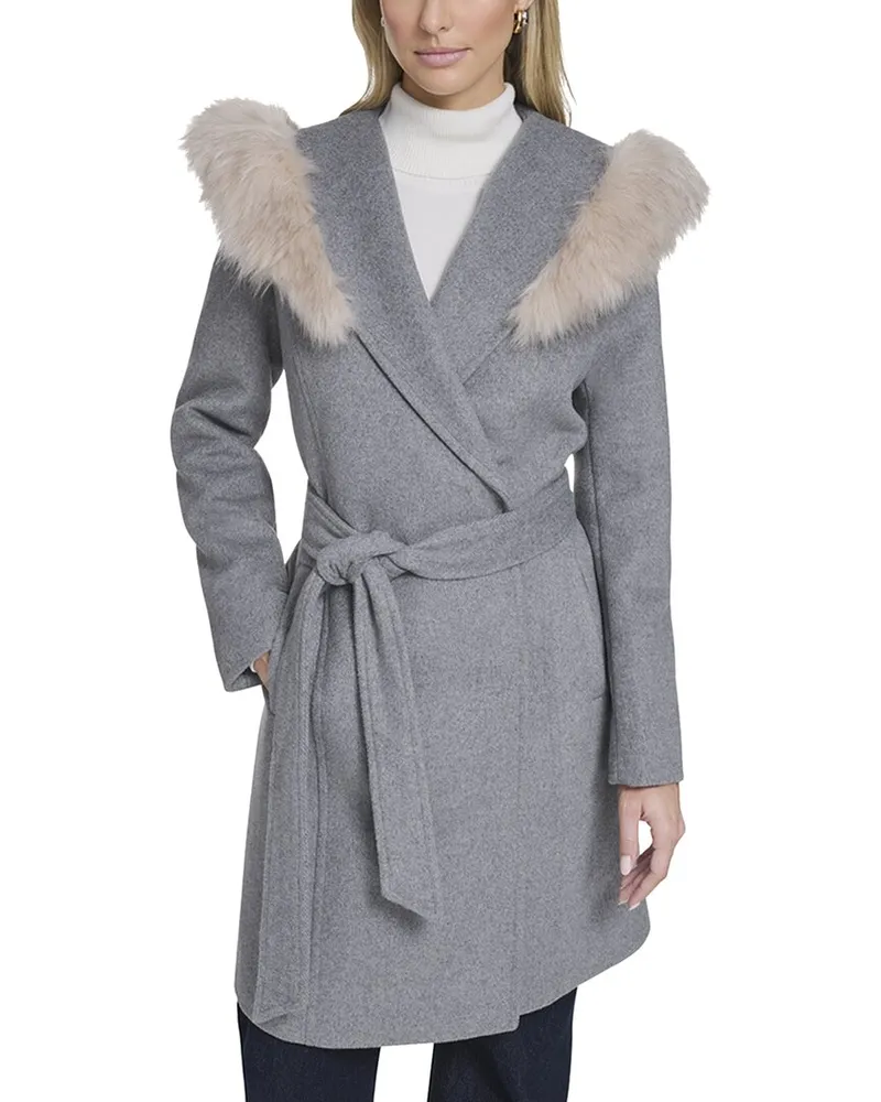 COLE HAAN Wool-Blend Wrap Coat Grey