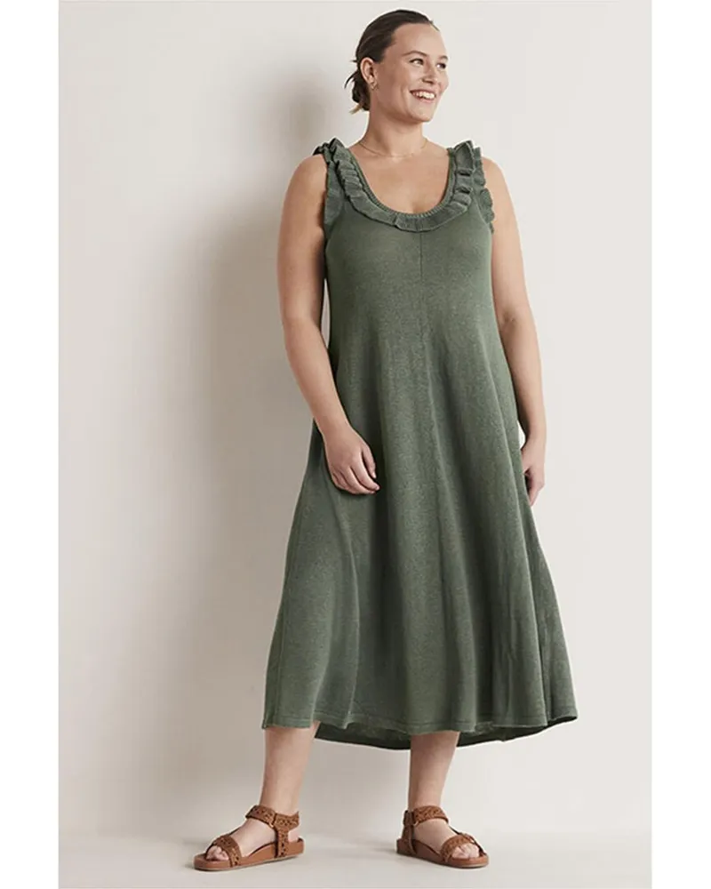 Boden Frill Neck Knit Linen-Bend Midi Dress Green
