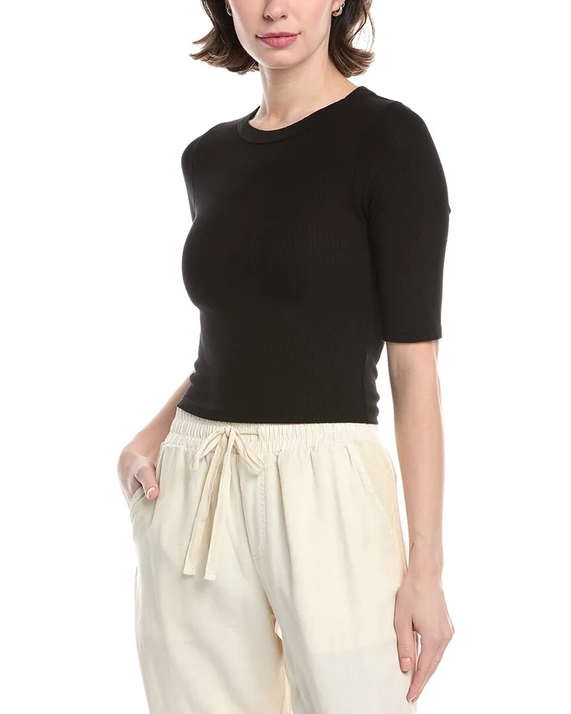 Enza Costa Rib Cropped Half-Sleeve Silk-Blend Top Black