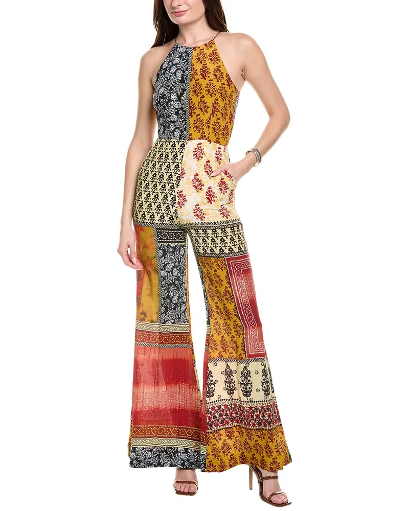 Saloni Halter Silk Jumpsuit Beige