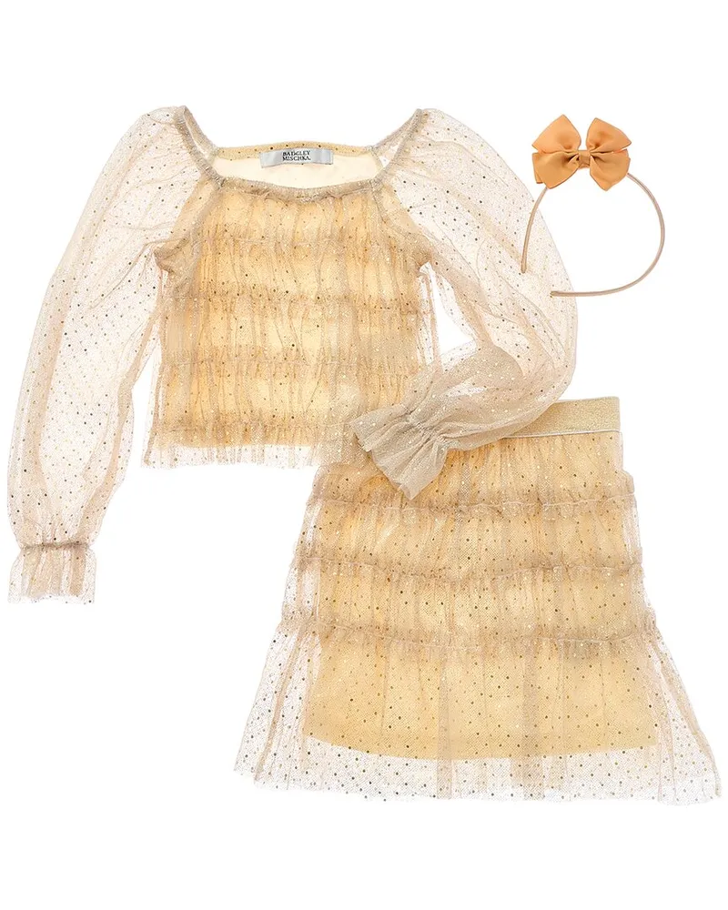 Badgley Mischka Metallic Glitter Dot Mesh Top & Skirt Gold