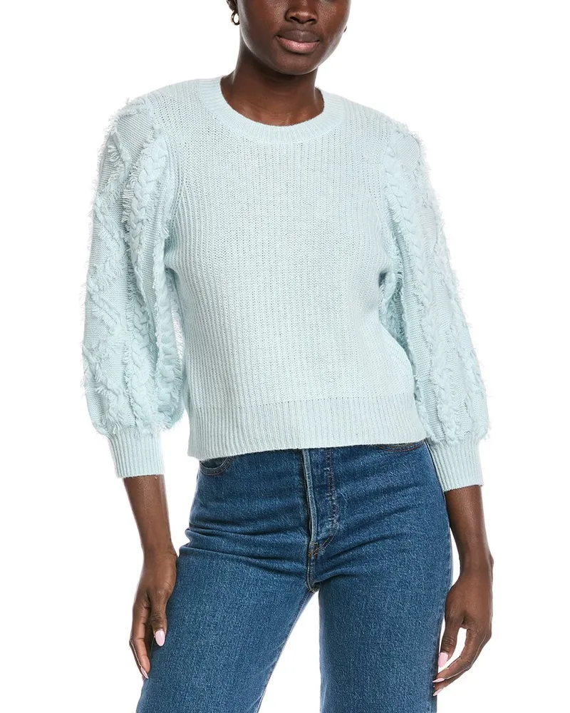 Autumn Cashmere Fringed Cable Puff Sleeve Cashmere Sweater Blue