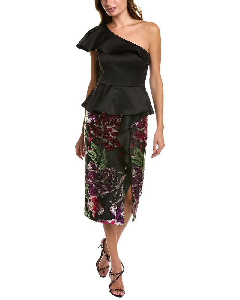 Marchesa Peplum Midi Dress Black