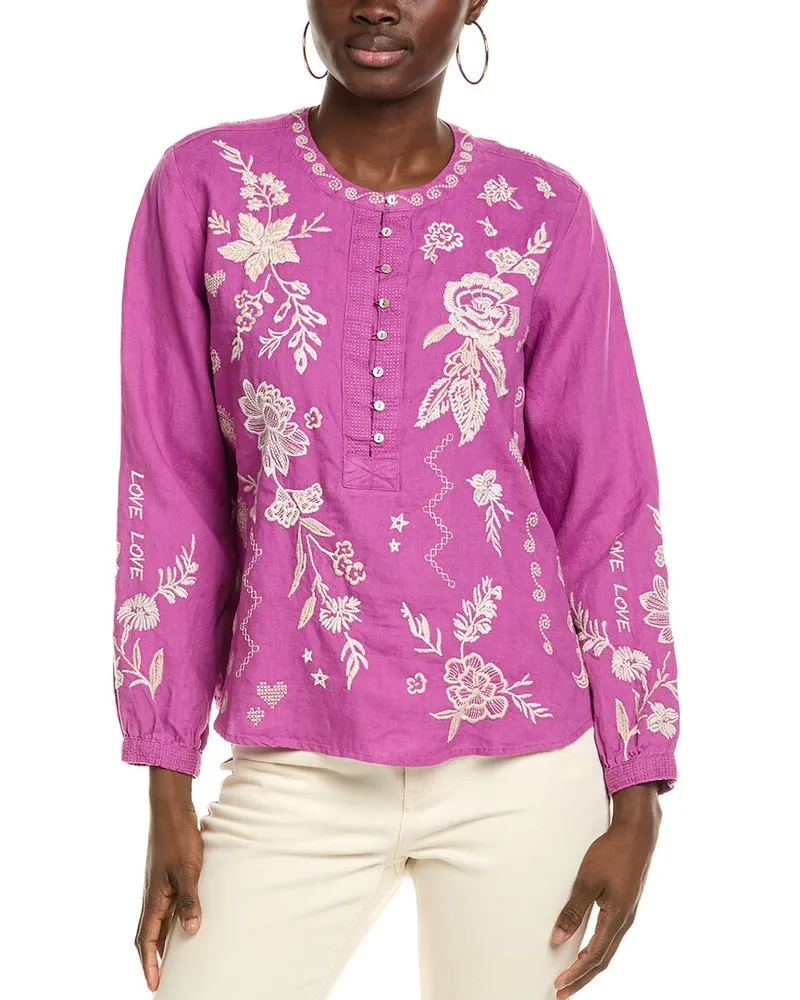 Johnny Was Henley Linen Blouse Purple