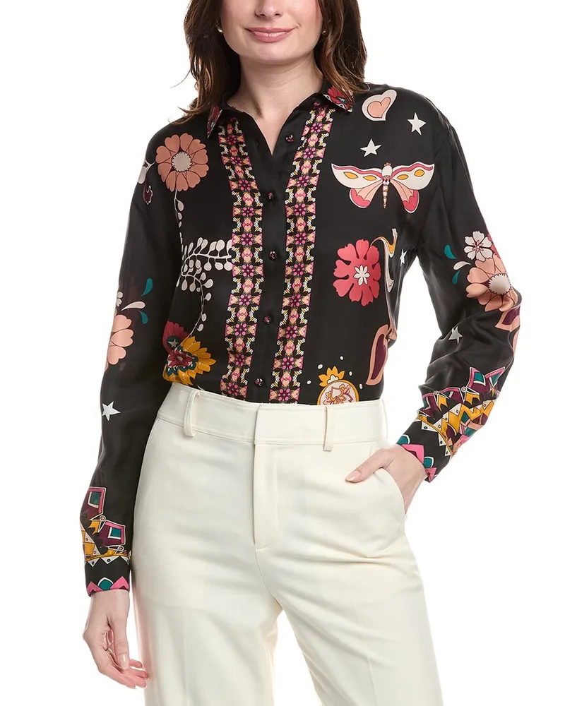 Johnny Was Jade by  Rosalynda Silk-Blend Shirt Black