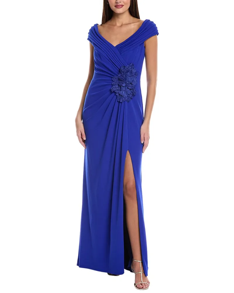 Tadashi Shoji Pleated Off-The-Shoulder Gown Blue