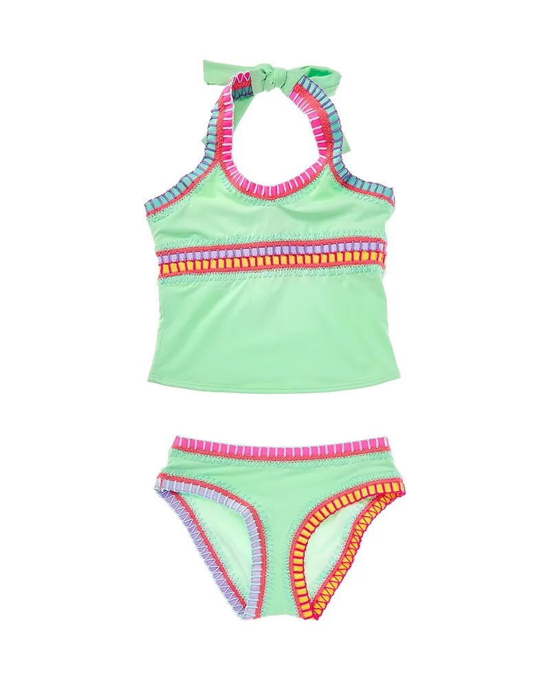 PilyQ 2pc Rainbow Embroidered Tankini Set Green