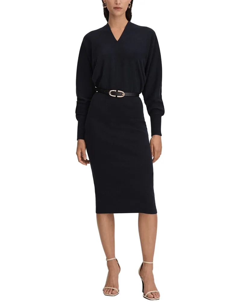 Reiss Sally V Neck Knitted Midi Dress Navy