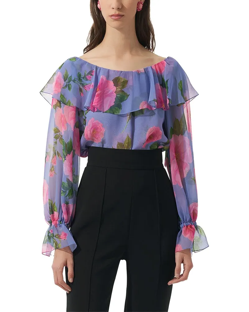 Carolina Herrera New York Boat Neck Ruffle Silk Top Nocolor