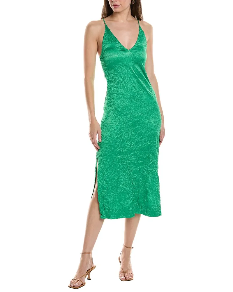 Ganni Crinkled Satin Slip Dress Green