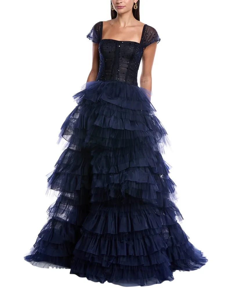 Carolina Herrera New York Off-Shoulder Pleated Tulle Ruffle Gown Blue