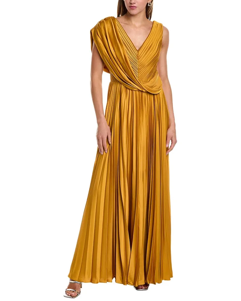 THEIA Satin Pleated A-Line Gown Gold