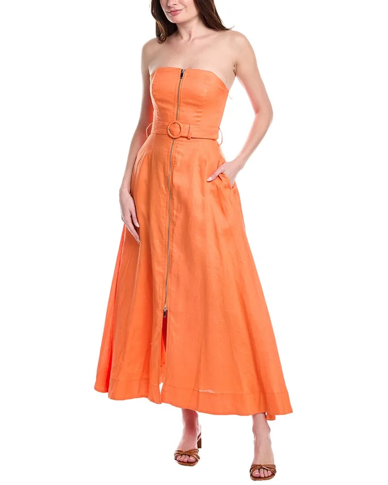 NICHOLAS Amalthea Strapless Zip Front Belted Linen Midi Dress Orange