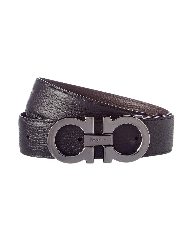 Ferragamo Reversible & Adjustable Double Gancio Buckle Leather Belt Black