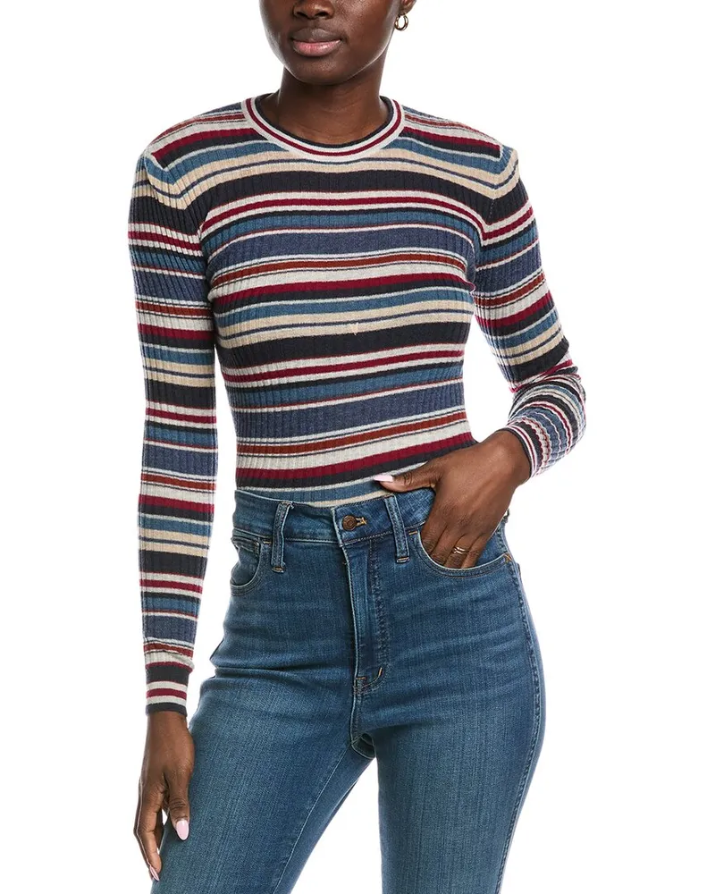 Autumn Cashmere Striped Rib Ruffle Edge Cashmere Sweater Blue