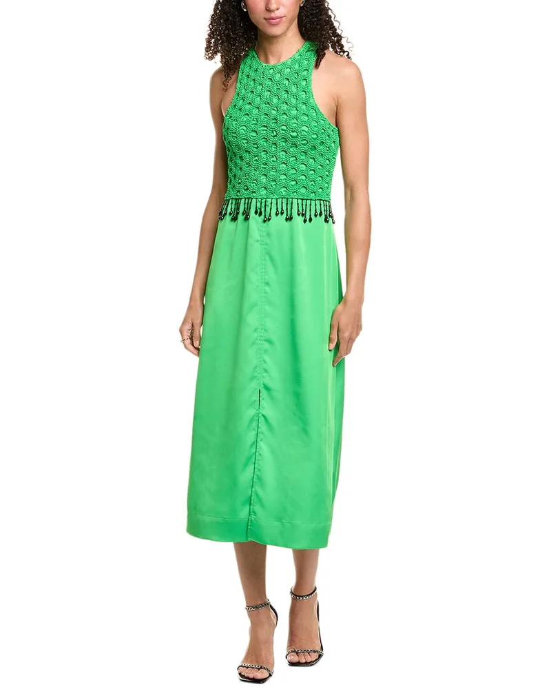 Ganni Smocked Satin Maxi Dress Green