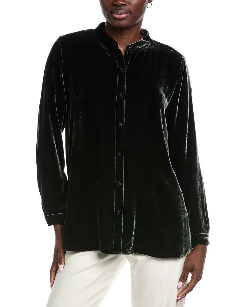 Eileen Fisher Petite Mandarin Collar Long Silk-Blend Shirt Green