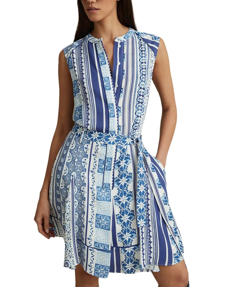 Reiss Florence Tile Print Flippy Dress Blue