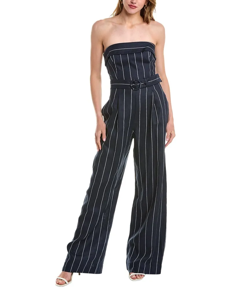 NICHOLAS Chara Strapless Wide Leg Linen-Blend Jumpsuit Blue