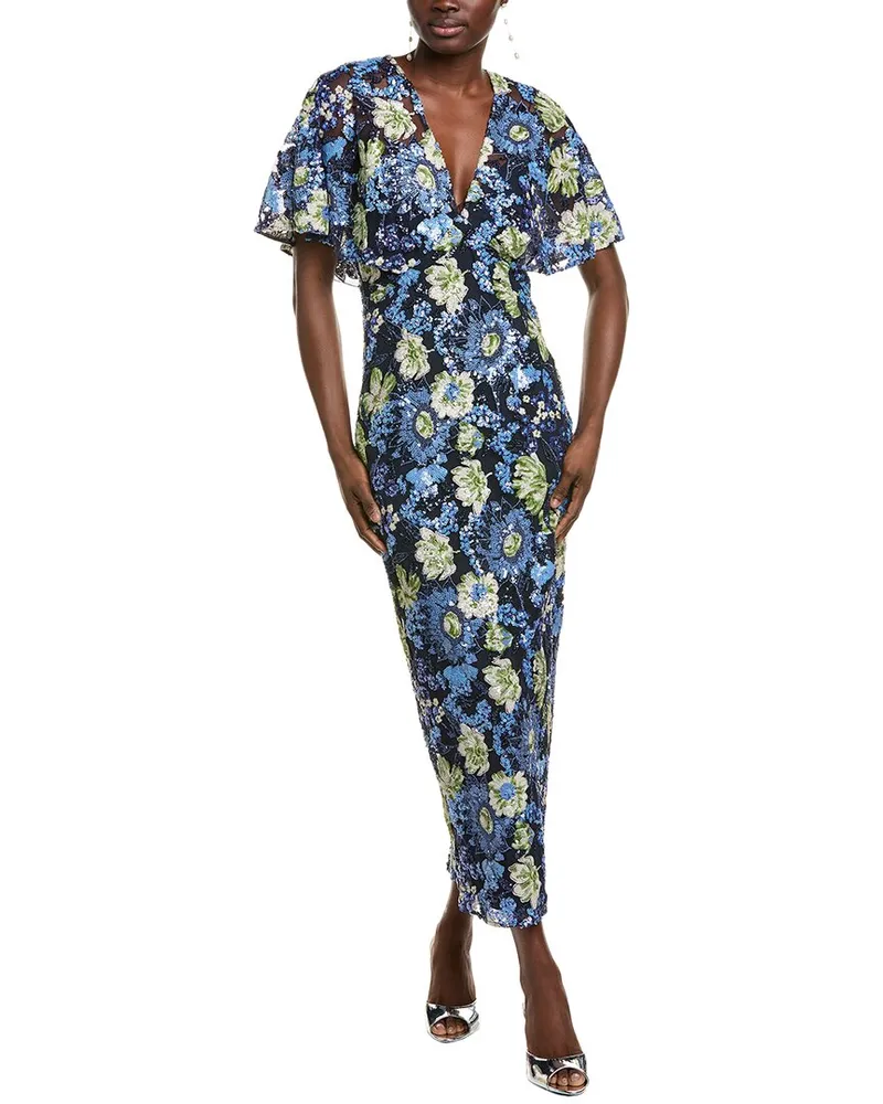 Lela Rose Sequin Embroidered Column Gown Blue