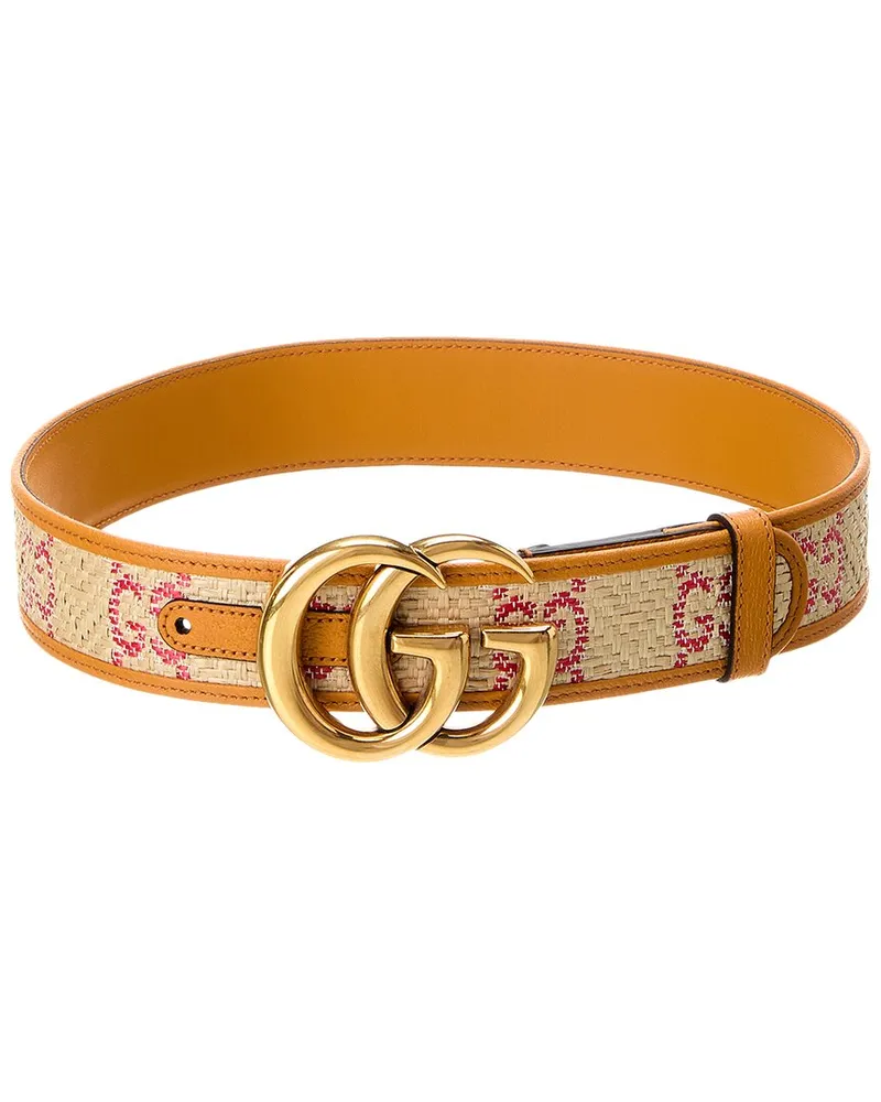 Gucci GG Marmont Raffia & Leather Belt Beige