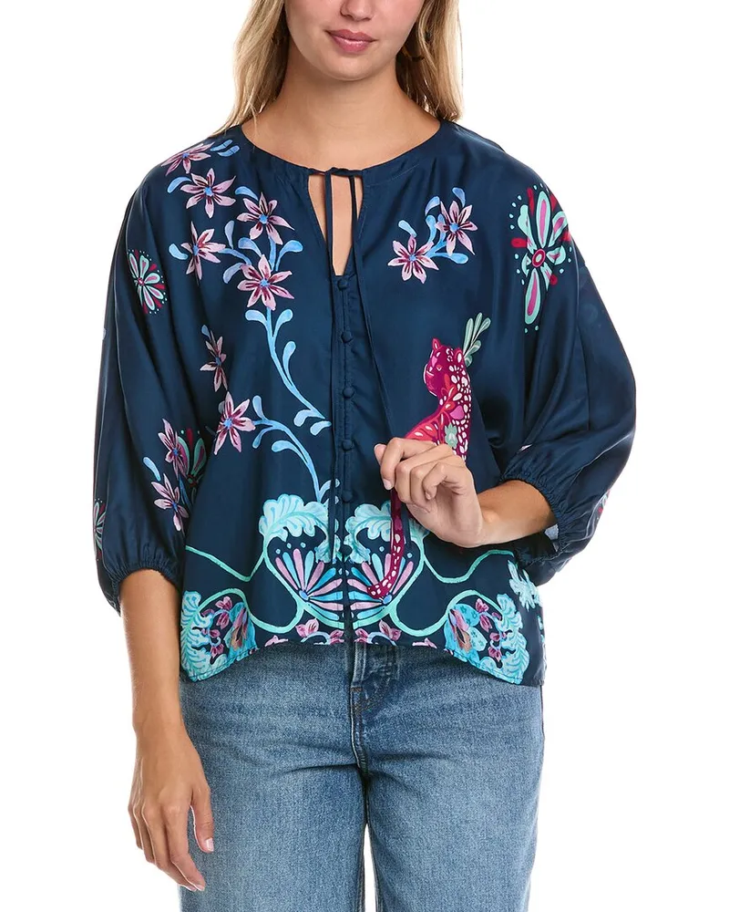 Johnny Was Harlyn Button Front Silk-Blend Blouse Blue