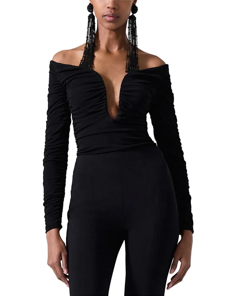 Carolina Herrera New York Deep U-Neck Ruched Top Black