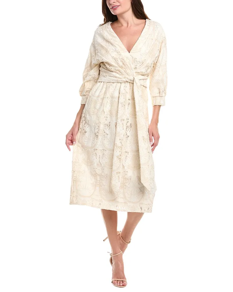 Badgley Mischka Embroidered Midi Dress Beige
