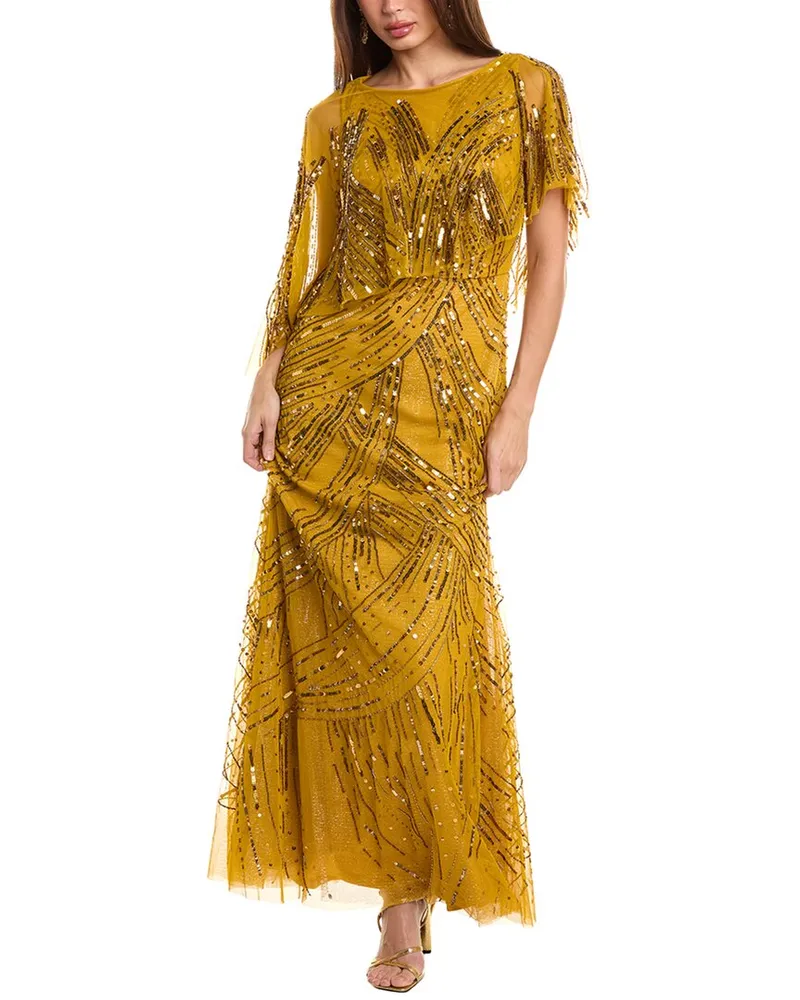 THEIA Ayla Beaded Shawl Gown Gold