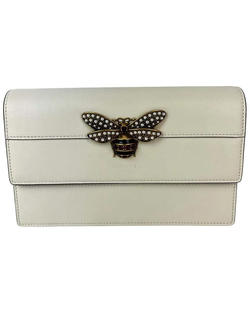 Gucci White Leather Queen Margaret Bee Wallet On A Chain (Authentic Pre-Loved Nocolor