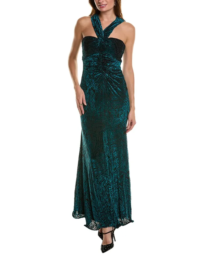 taylor Stretch Velvet Burnout Gown Green