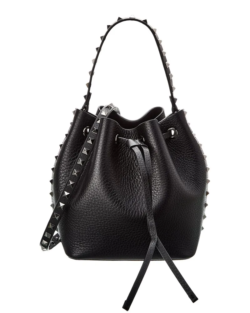 Valentino Garavani Rockstud Grainy Leather Bucket Bag Black