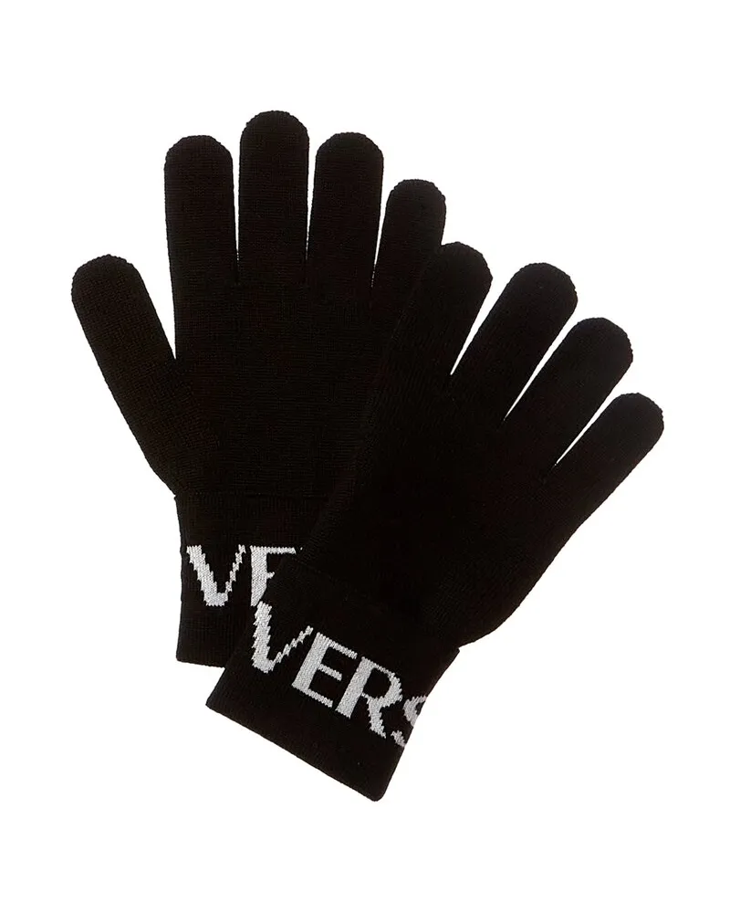 Versace Intarsia Knit Logo Wool-Blend Gloves Black