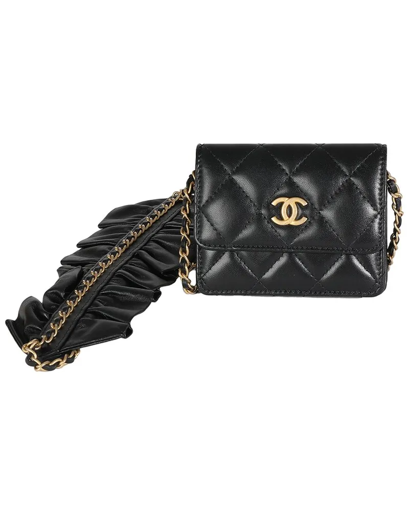 Chanel Black Quilted Leather Ruffled Card Holder On Chain (Authentic Pre-  Loved Nocolor