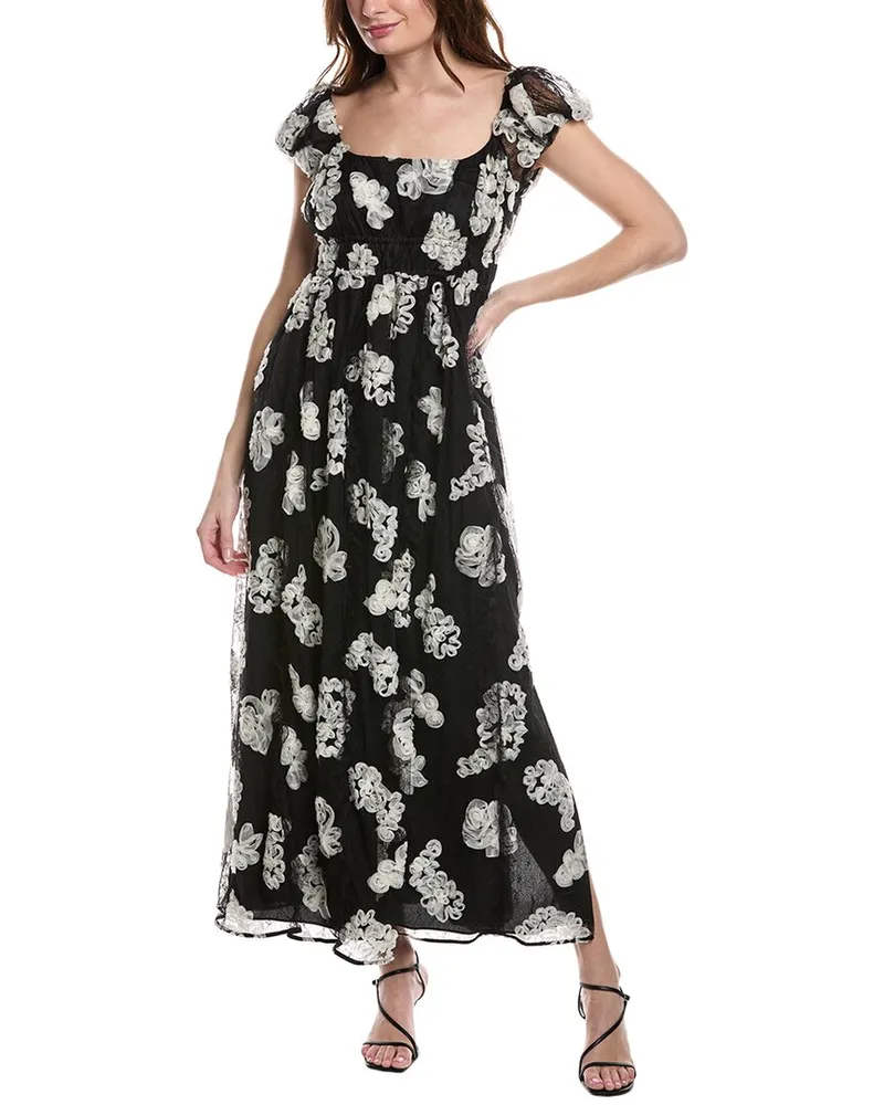 Rebecca Taylor Ribbon Lace Silk Maxi Dress Black