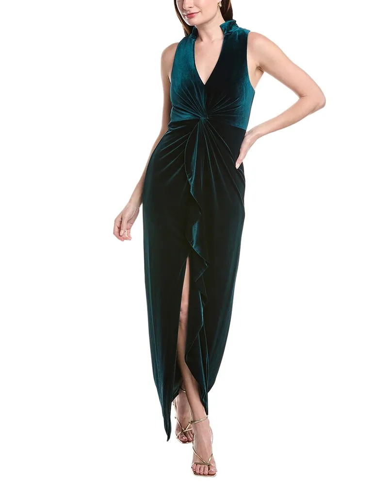 Aidan Mattox Stretch Velvet V-Neck Gown Green