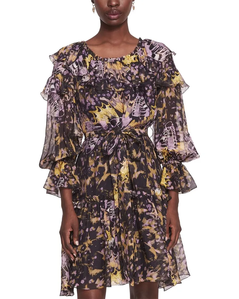 Marchesa Marchesa Rosa Printed Silk-Blend Ruff Mini Dress Purple