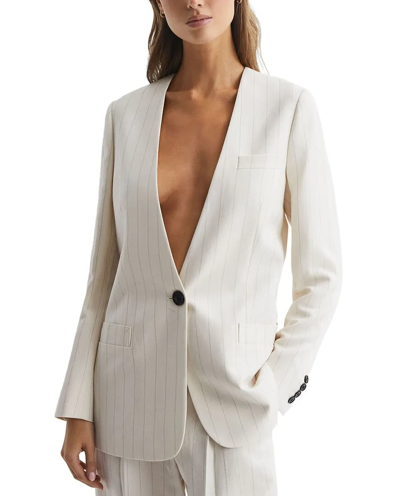 Reiss Arleth Pinstripe Collarless Linen-Blend Jacket Nocolor