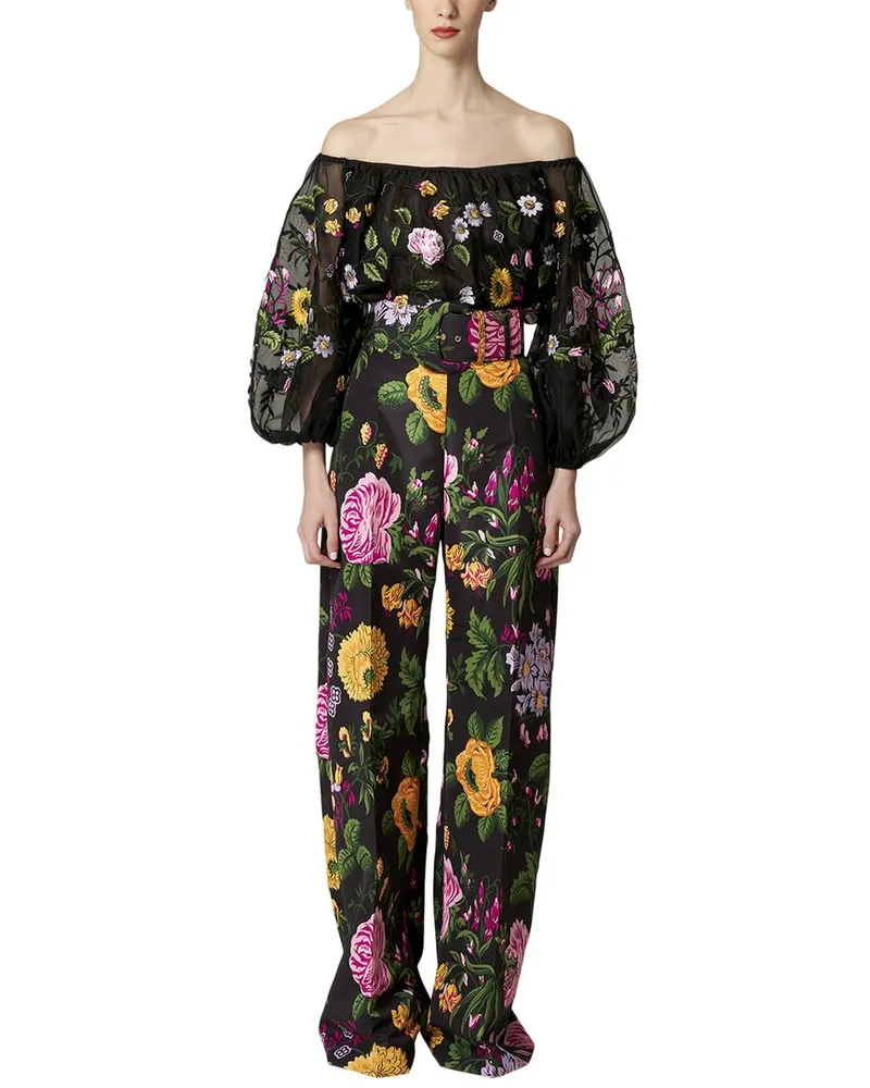 Carolina Herrera New York Off-Shoulder Puff Sleeve Silk Top Black