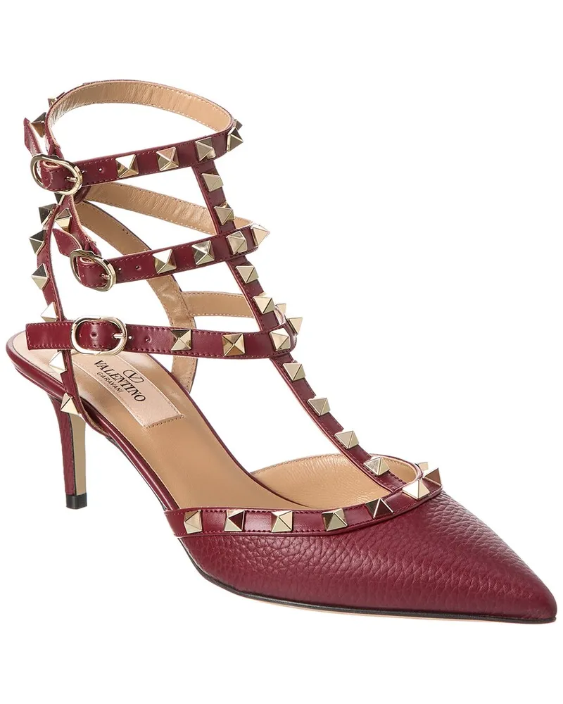 Valentino Garavani Rockstud Caged 65 Grainy Leather Ankle Strap Pump Red