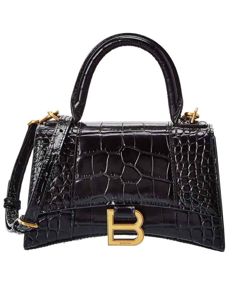 Balenciaga Hourglass XS Croc-Embossed Leather Top Handle Satchel Black