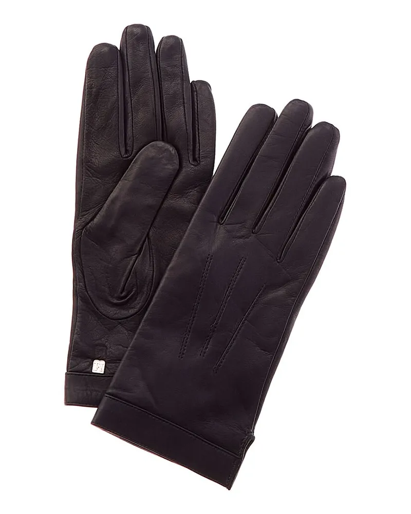 Bruno Magli Logo Cuff Cashmere-Lined Leather Gloves Blue
