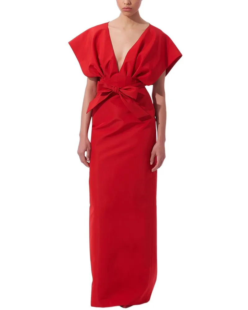 Carolina Herrera New York V-Neck Fan Bodice Silk Column Gown Nocolor