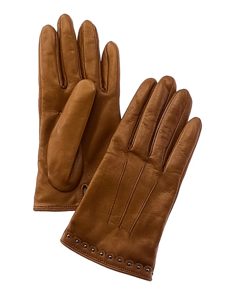 portolano  Studded Cuff Silk-Lined Leather Gloves Brown