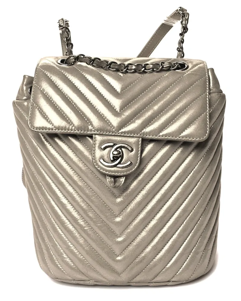 Chanel Silver Calfskin Leather Iridescent Chevron Quilted Small Urban Spirit  Backpack (Authentic Pre-Loved Nocolor
